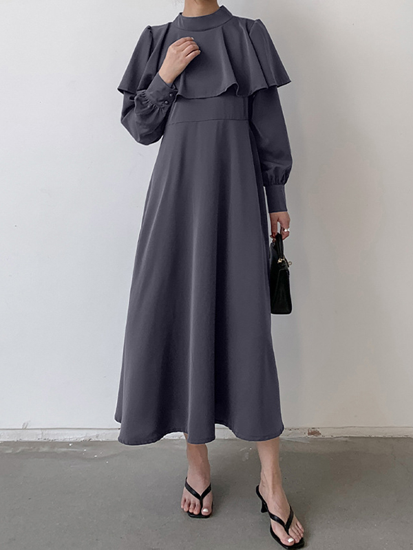 Ruffle Trim Solid Color Tied Waist A-Line Long Sleeves Mock Neck Midi Dresses