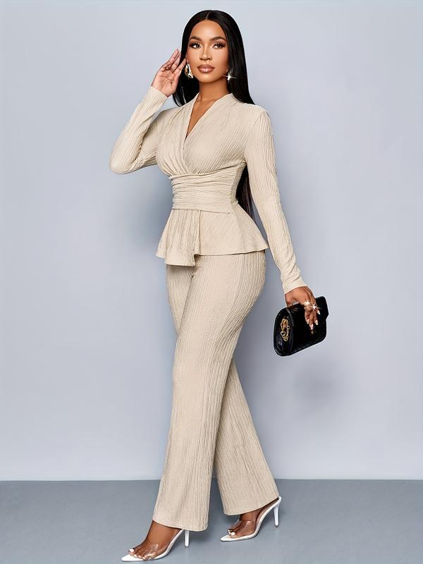 Women’s Elegant Apricot Two-Piece Set – V-Neck Top & Wide Leg Pants