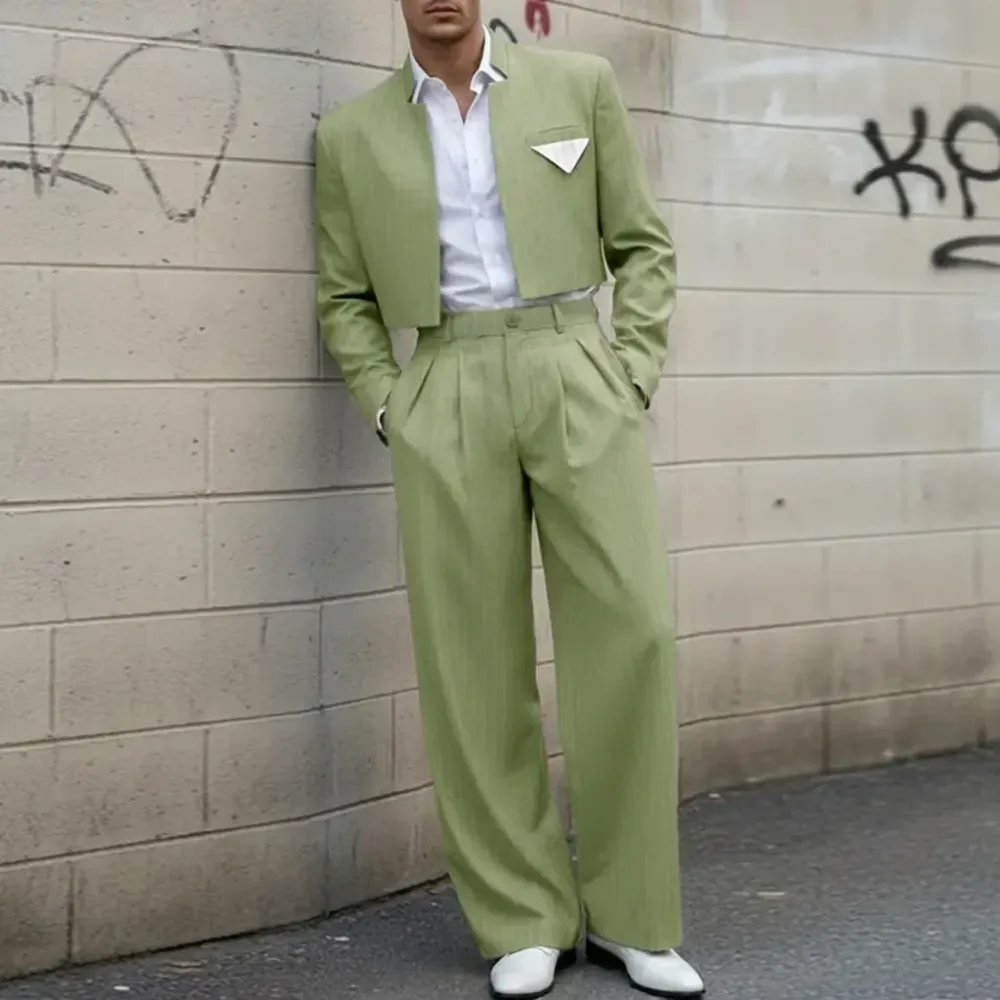 Men's Pinstripe 2-Piece Set Cropped Blazer & High Waist Wide Leg Pants Suit