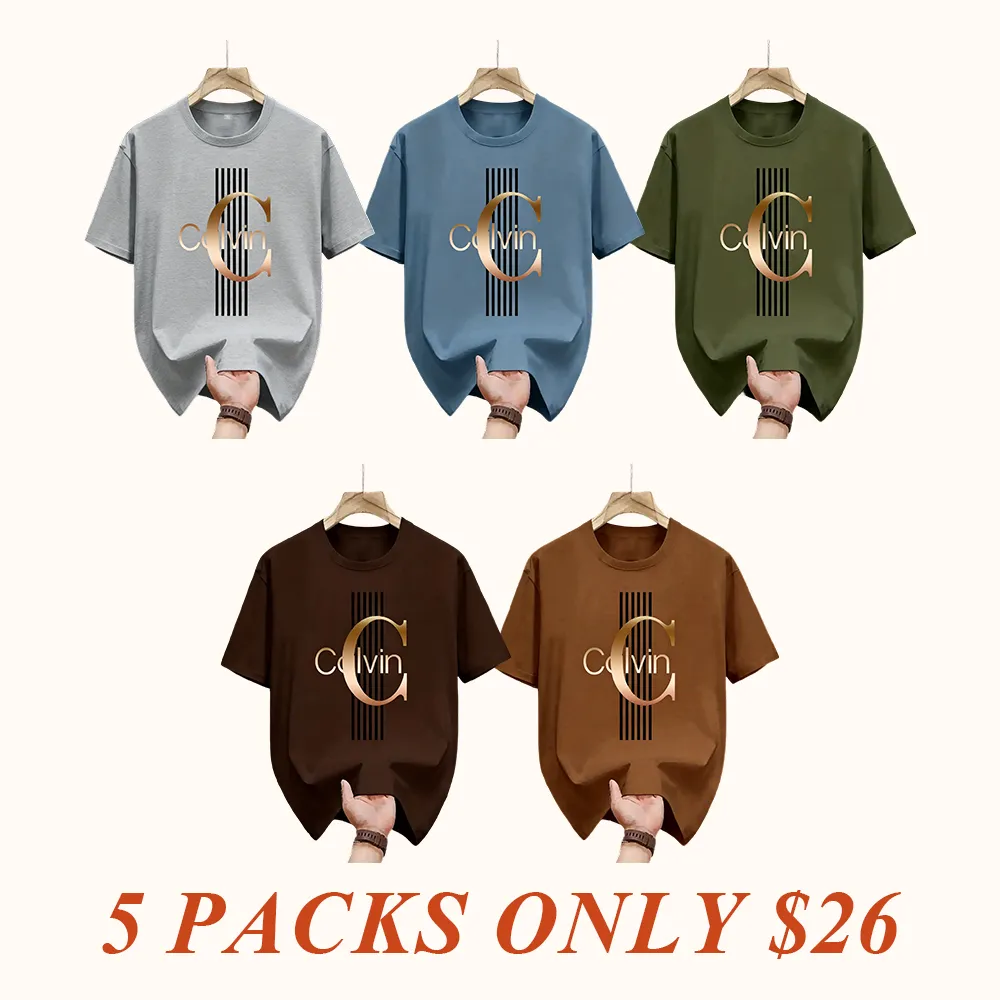 Men'S Casual Calvin Graphic T-Shirt - Bold Letter Print with Black Stripes & Golden Accents, Breathable Round Neck Summer Streetwear