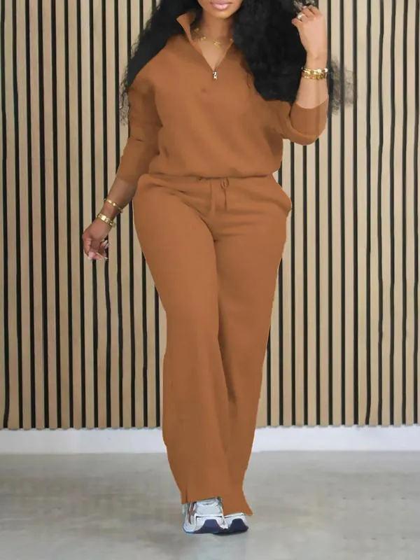 Women's Solid Half Placket Split Hem Pants Set