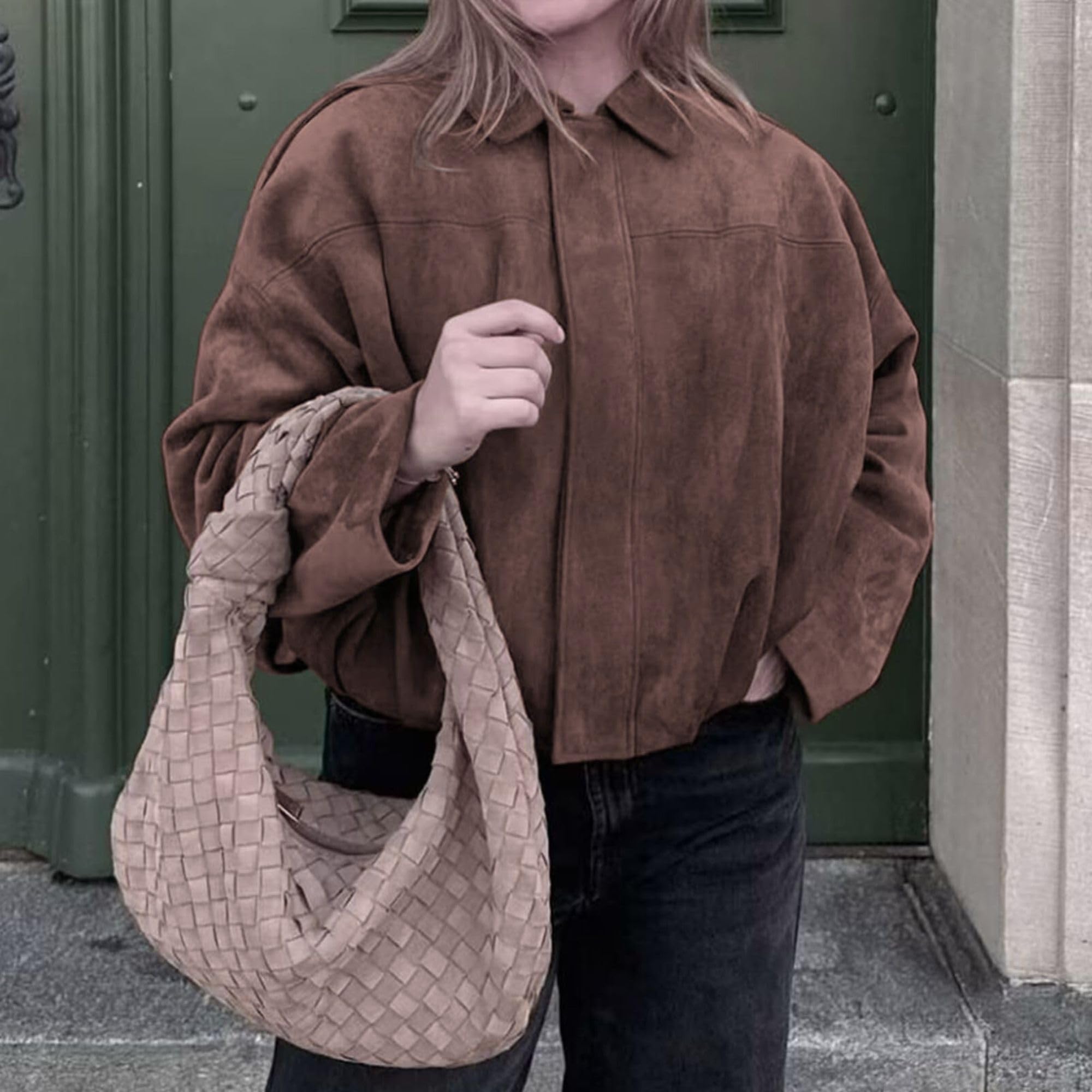 Xunger Women's Faux Suede Bomber Jacket Spring Lapel Pilot Coat Casual Oversized Long Sleeves Trendy Streetwear Outerwear