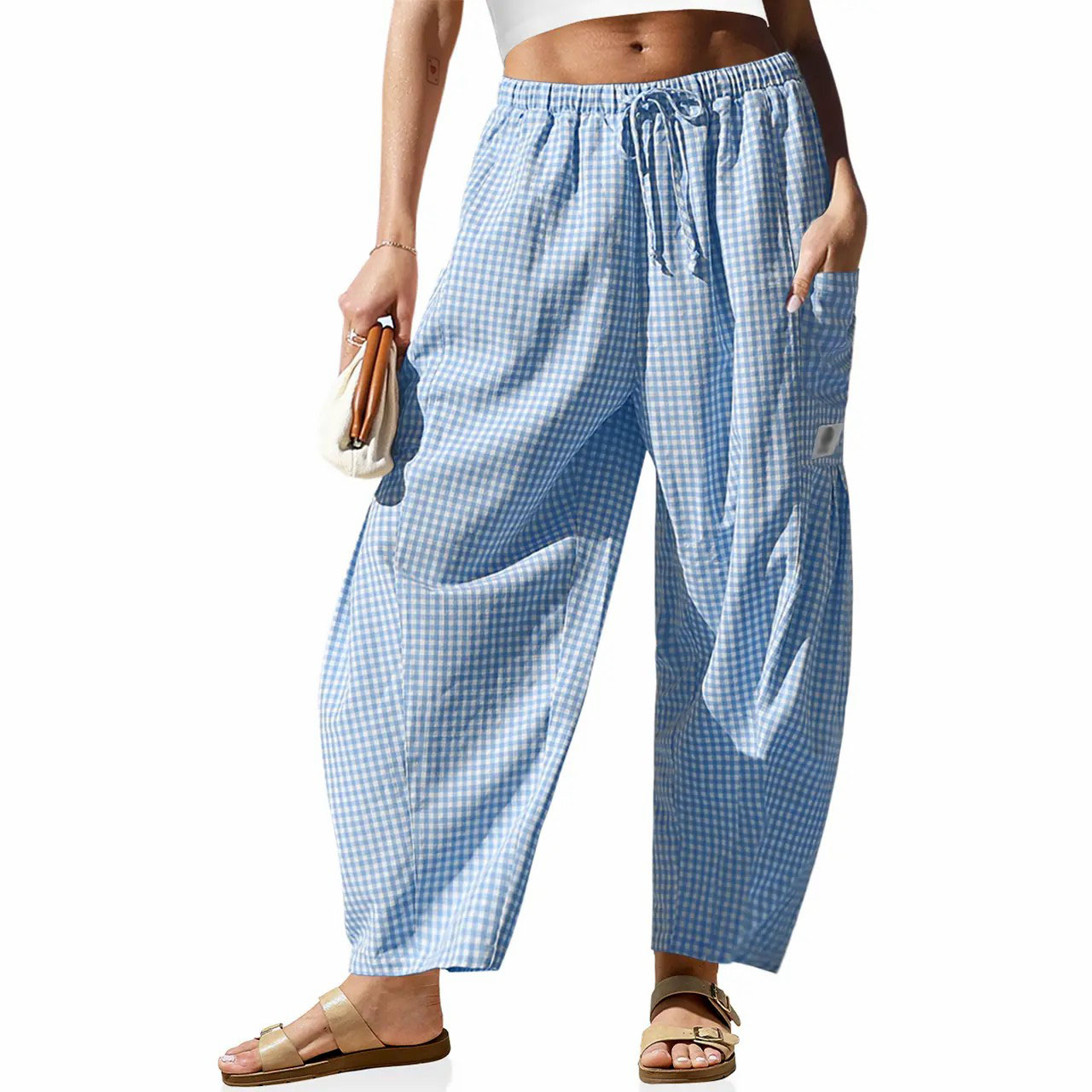 Women's Gingham Striped Wide Leg Pants – Low Waist Drawstring Palazzo with Pockets
