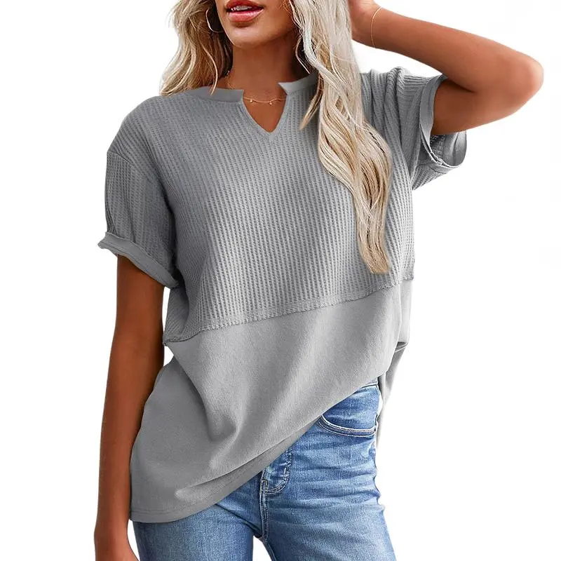 2026 Spring/Summer Cozy Oversized Waffle Knit V-Neck Top Women's Short Sleeve Pullover