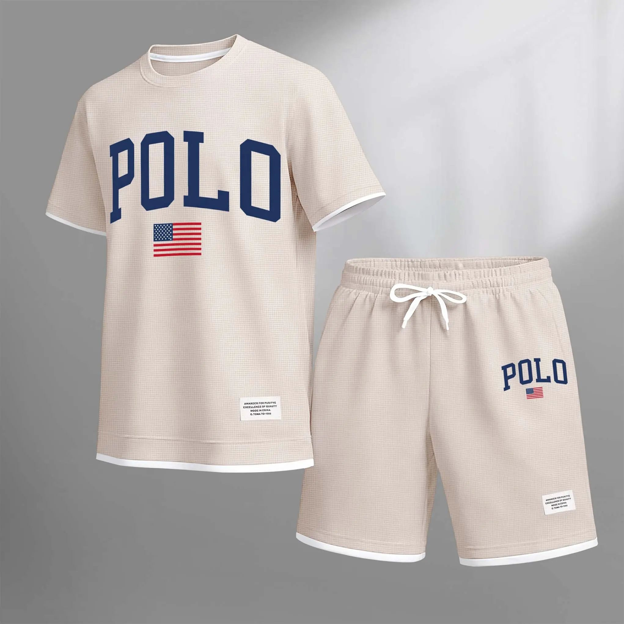 Men's Polo Print Drawstring Shorts Set For Spring/Summer