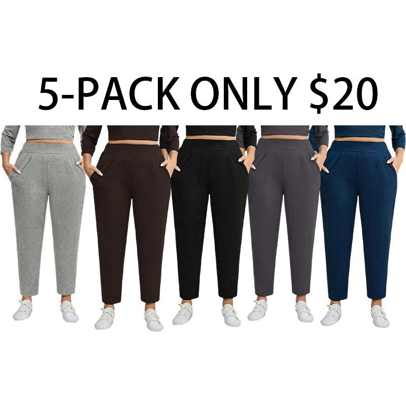 Women Plus Size Solid Plicated Pocket Elastic Waist Joggers