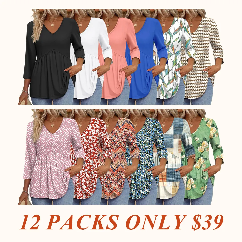 3/4 Length Sleeve Womens Tops 2025 Blouses for Women Dressy Casual Fashion Clothing V Neck Babydoll Tops Fall Outfits