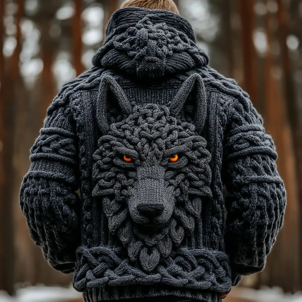 Men's Viking Wolf Totem Chunky Knit Hooded Cardigan