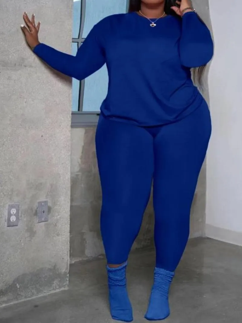 Women's Plus Size 2-Piece Set, Long-Sleeve Round-Neck Top & Pants, Casual Home Sportswear for Daily Wear