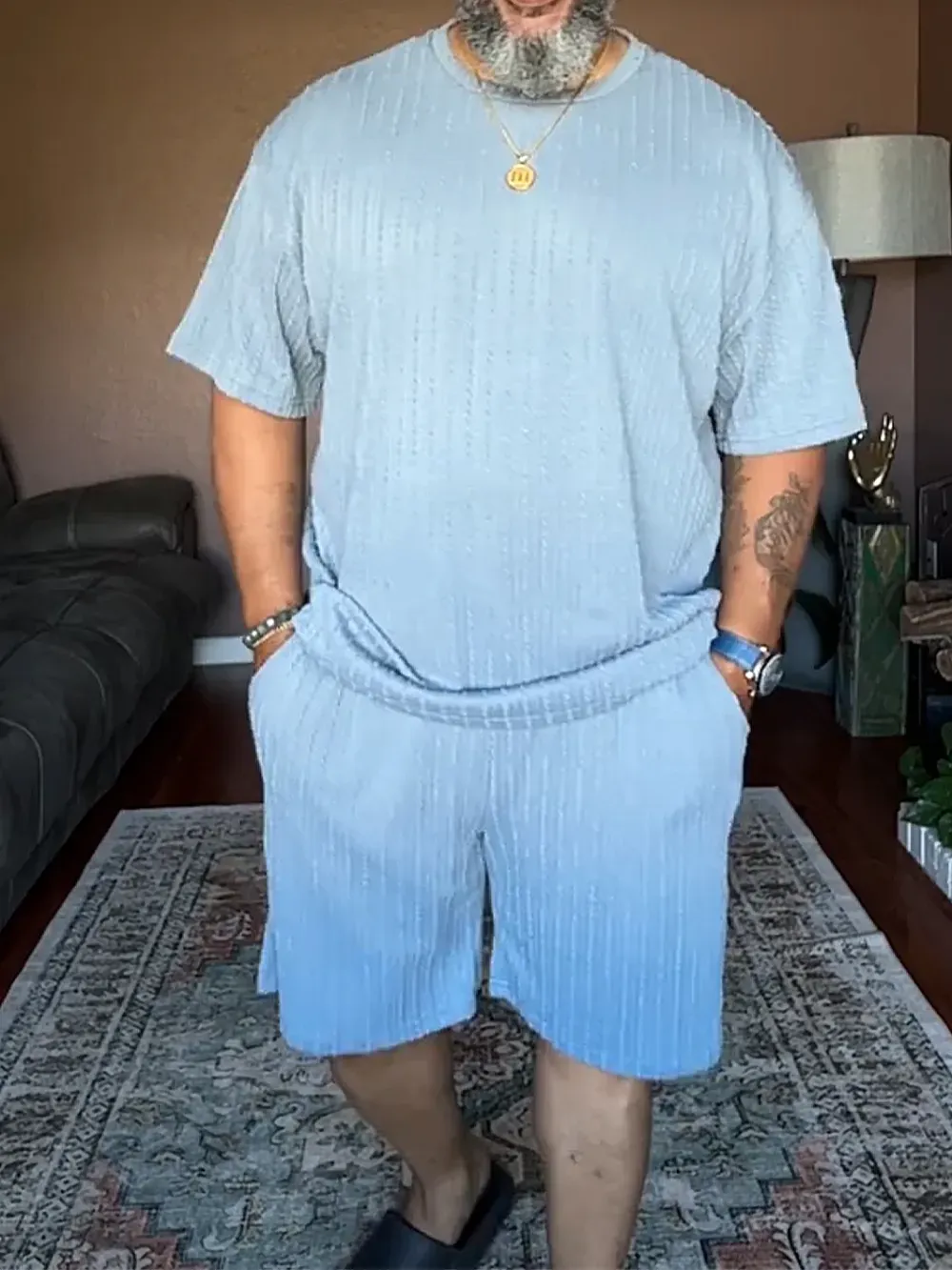 Men'S Solid Color Textured T-Shirt & Pants Set