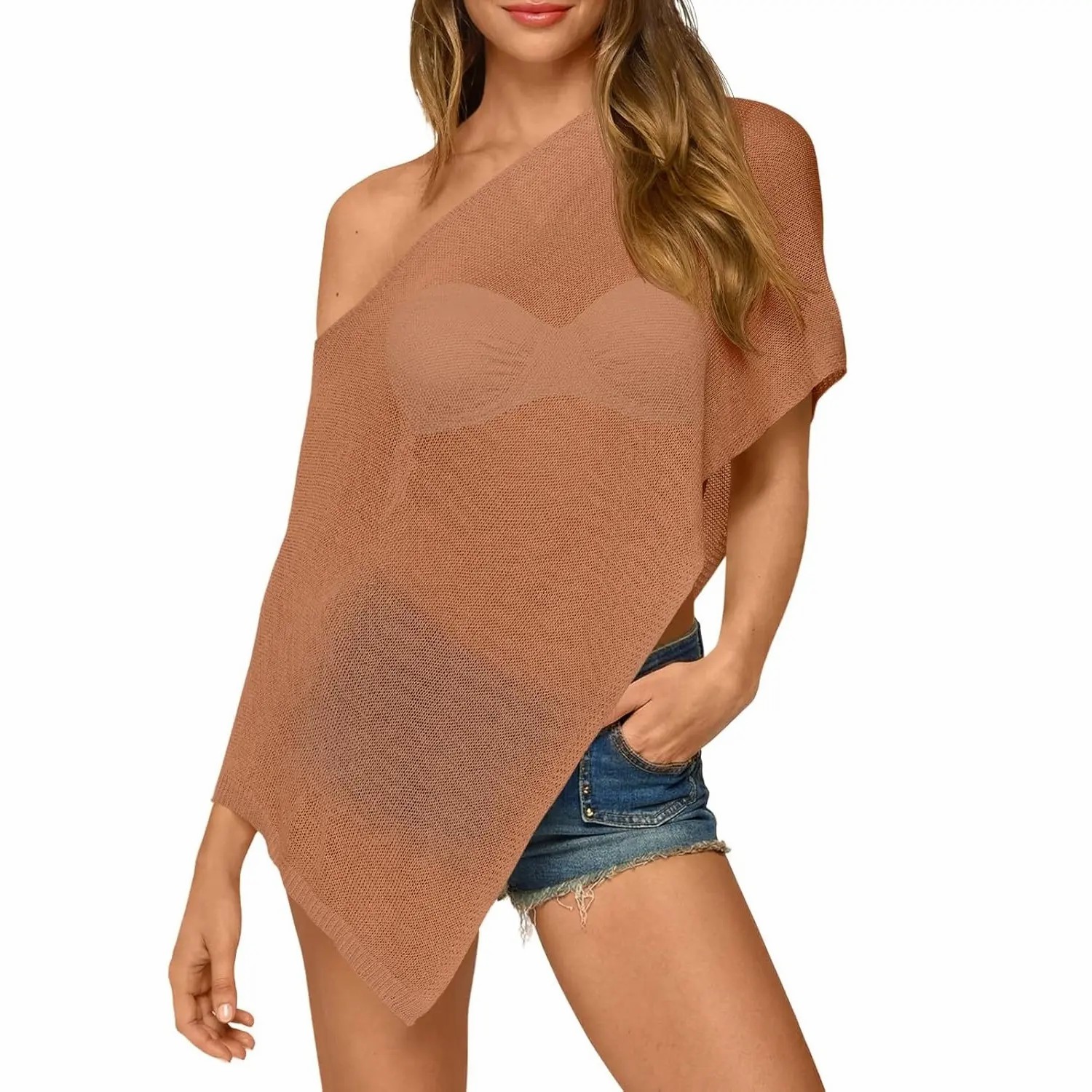 Womens Sheer Poncho Top Lightweight Knit Bolero Shrug Mesh Off The Shoulder Y2K Going Out Beach Swimsuit Coverup
