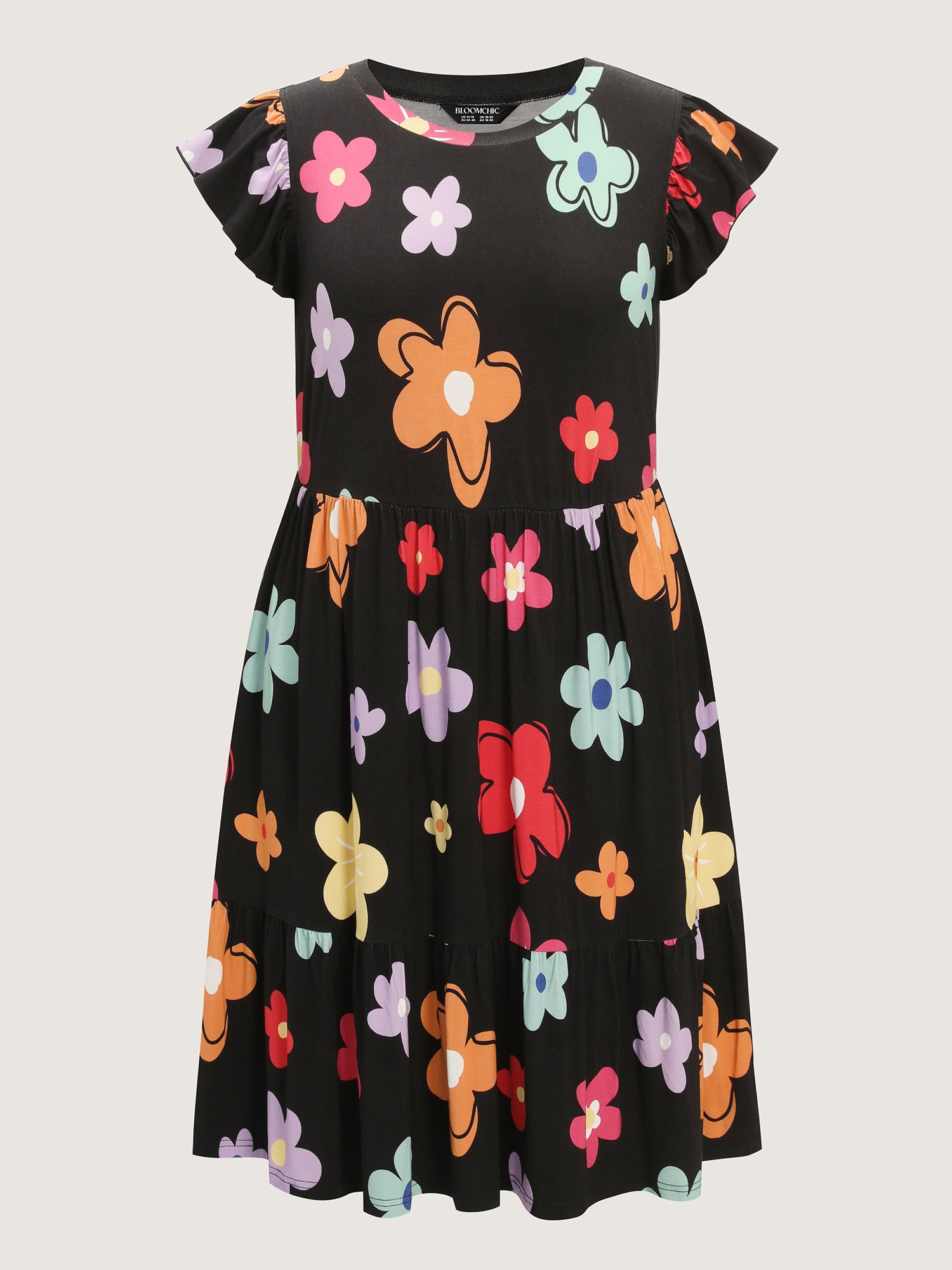 Bright Floral Print Flutter Sleeve Midi Dress