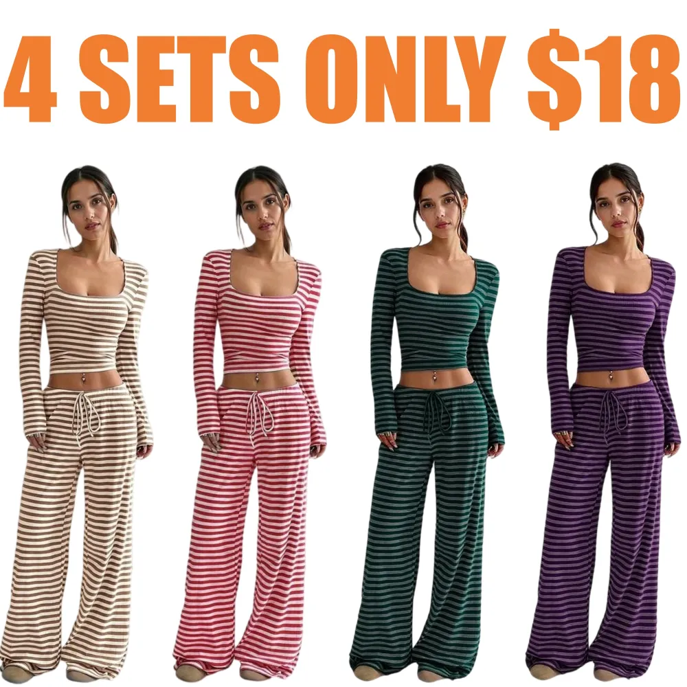 Women's Stripe Square Neck Long Sleeve Crop Top & Wide Leg Trousers Set