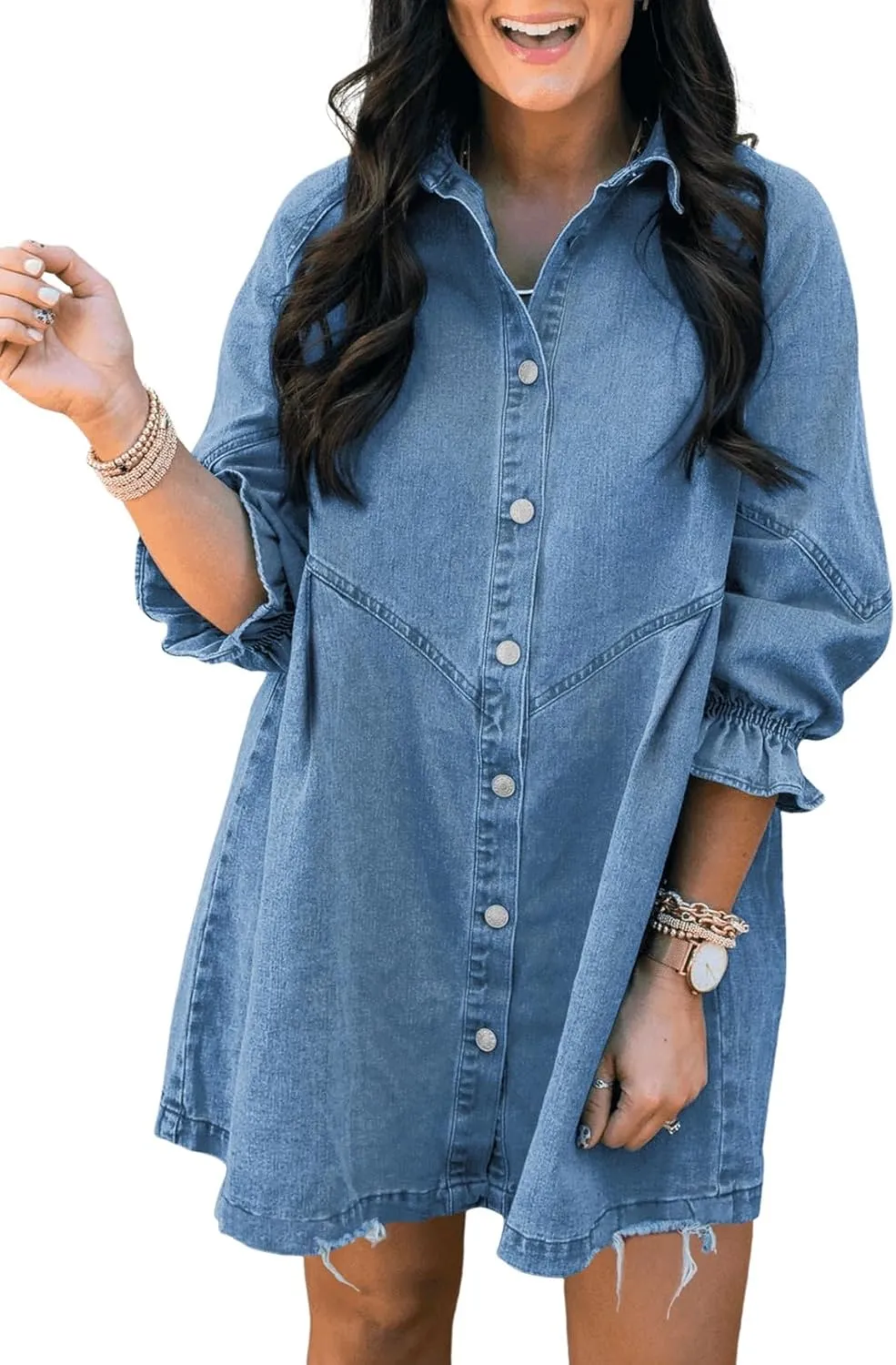 Washed Denim Puff Sleeve Mini Dress – Short-Length Collared Button Down with Ruffle Hem & Matte Silver Buttons
