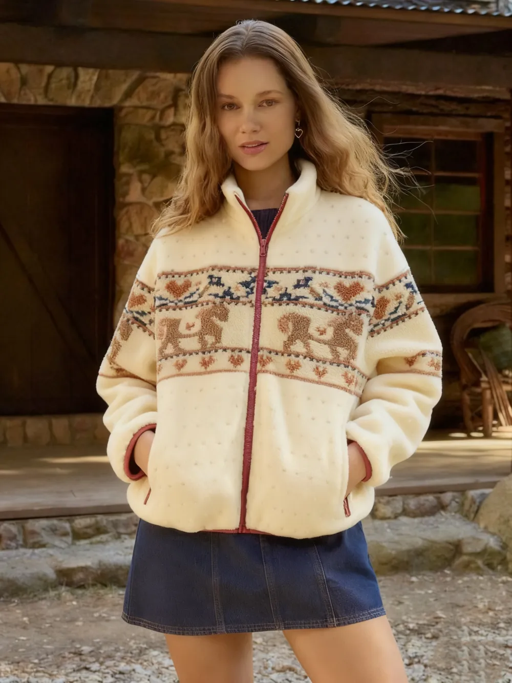 Merry Chrismas Fleece Collar Graphic Jacket