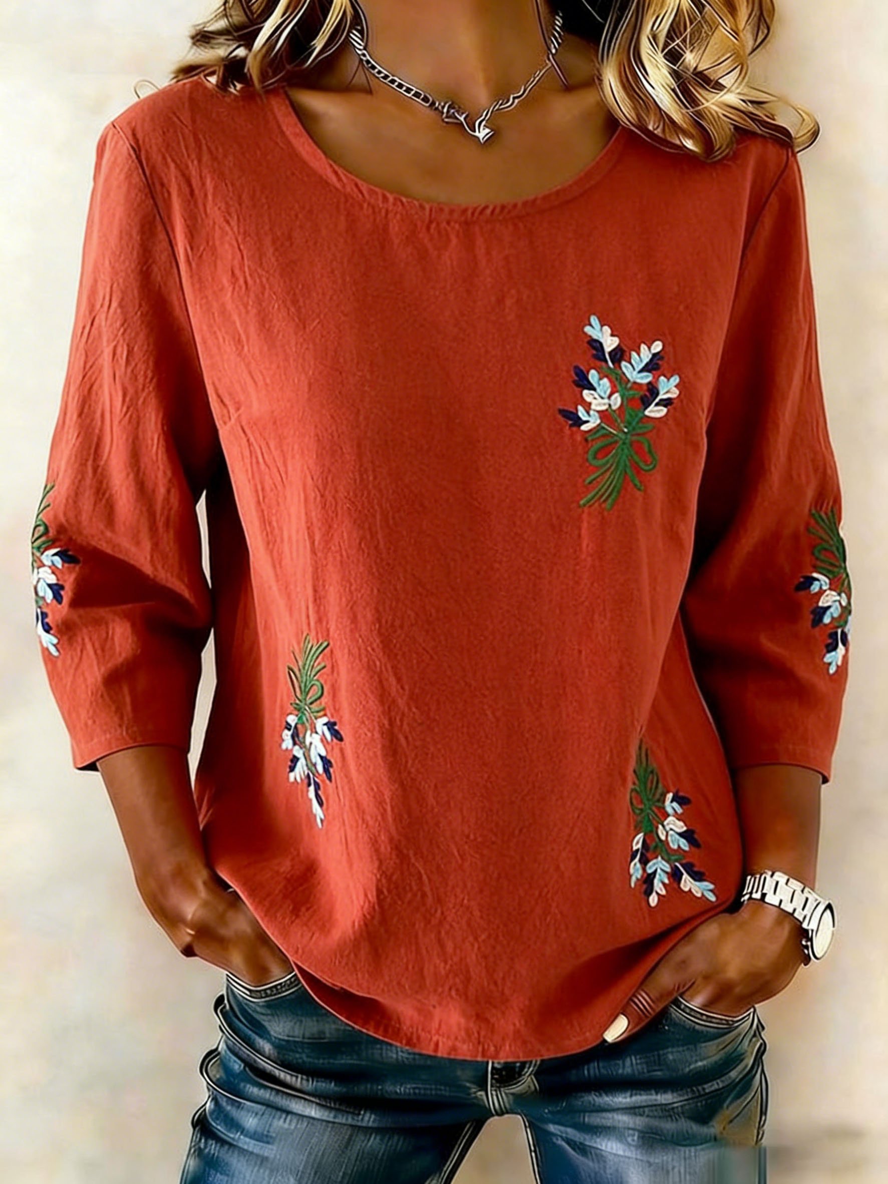 Women's Retro Floral Embroidery Comfortable T-Shirt- Fast Shipping