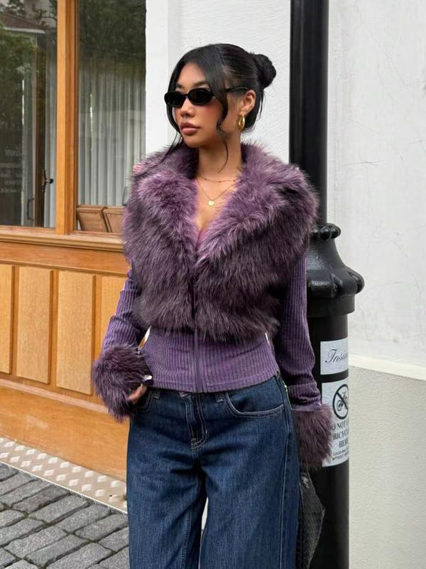 Women's Fashion Street Style Patchwork Knit Faux Fur Jacket, Zipper Long Sleeve Coat, Fall & Winter Thick Fabric, Casual Wear