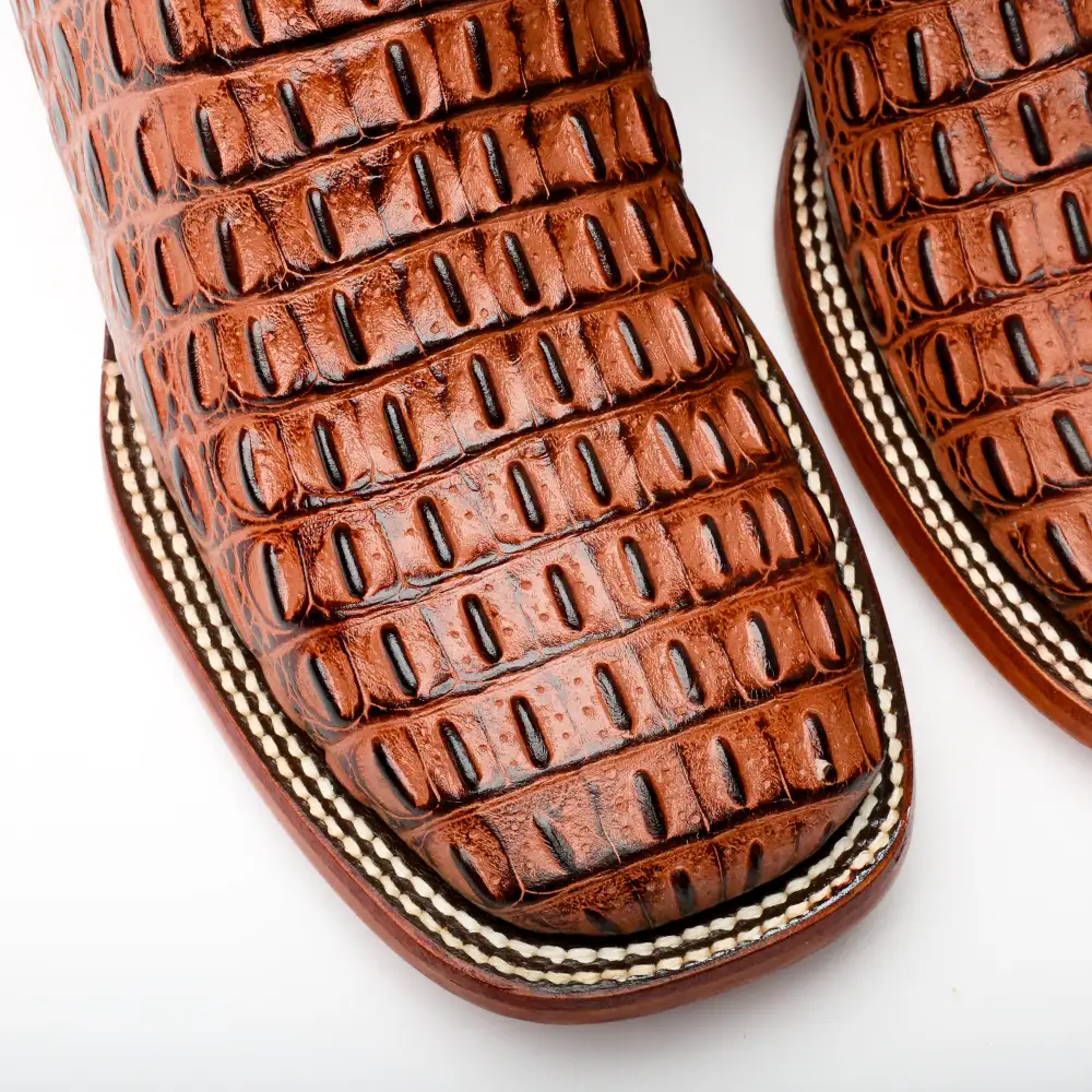 Cognac Caiman Hornback Leather Boots - Square Toe