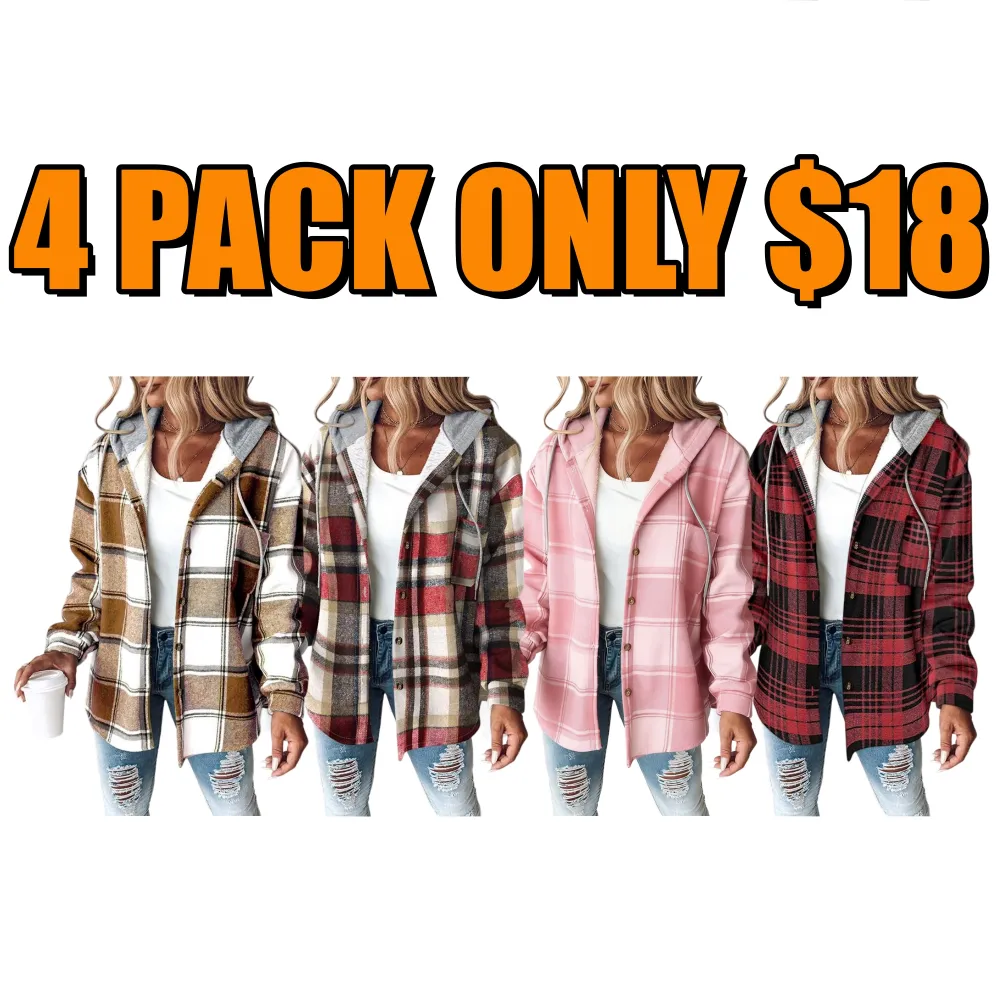 Women's Plaid Pattern Shacket  Hooded Jackets