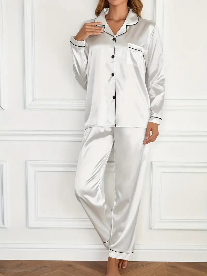 Solid Pajama Set, Long Sleeve Button Up Lapel Top & Pants Pj Set - Women's Sleepwear & Loungewear