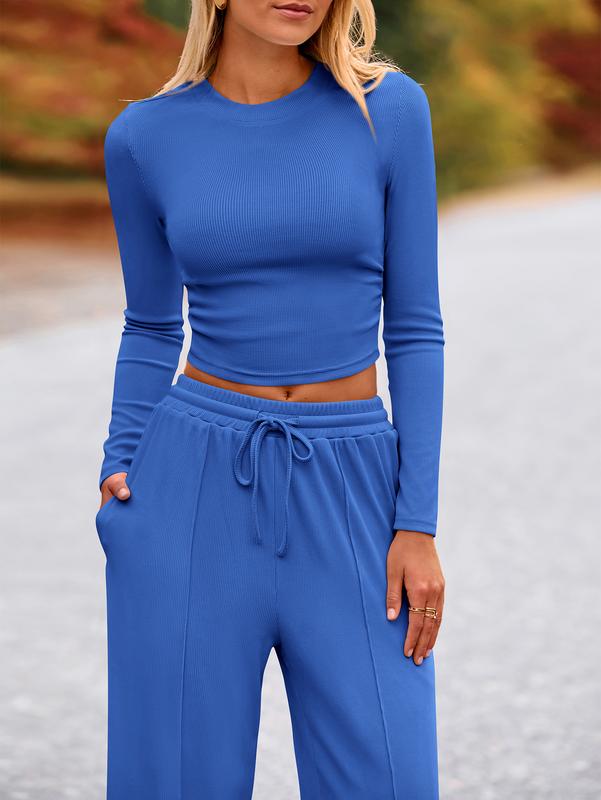 2-Piece Ribbed Knit Long Sleeve Crop Top Wide Leg Pants Matching Lounge Set Loungewear