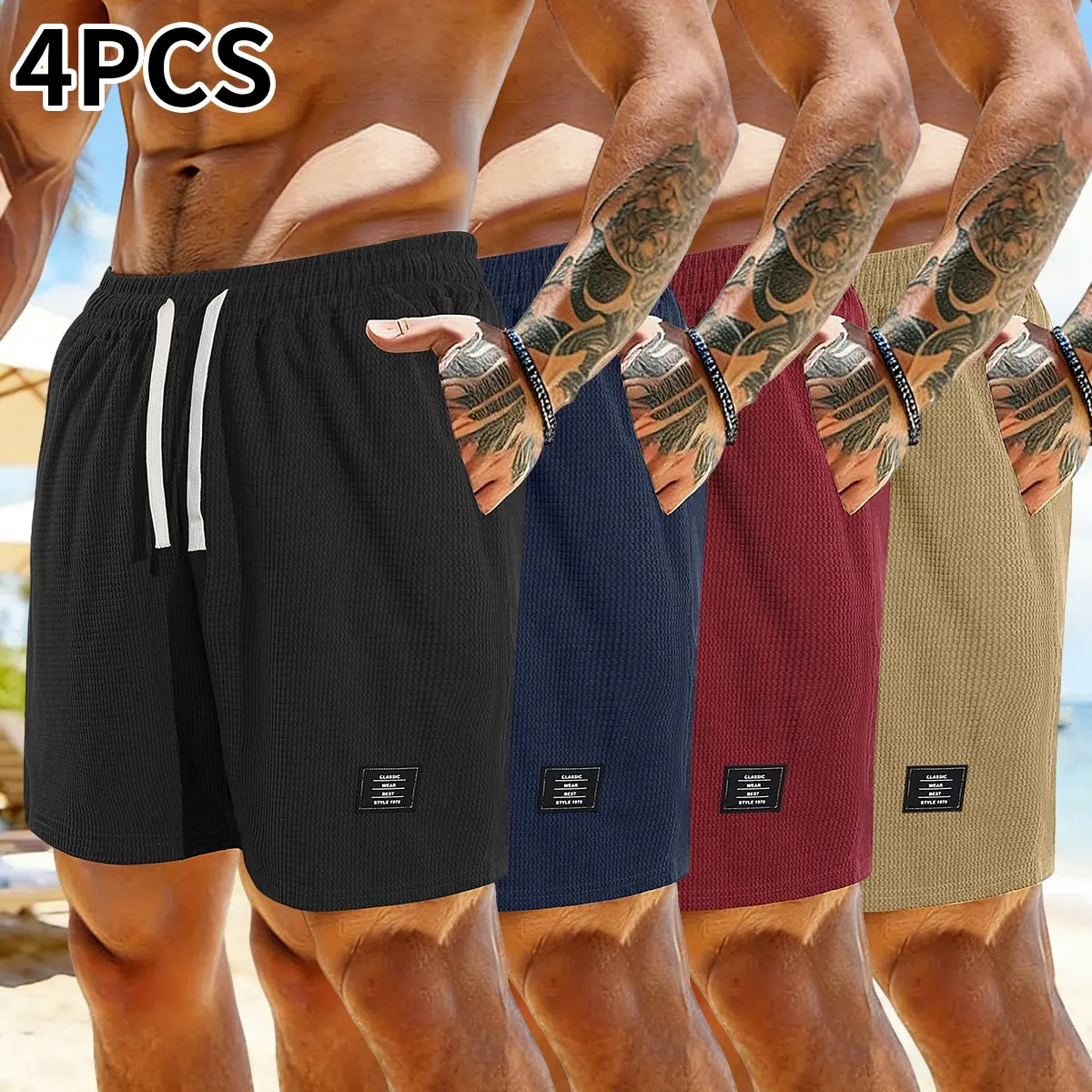 Pack of 4 corduroy shorts, solid color, men’s casual shorts with side pockets and a drawstring elastic waistband