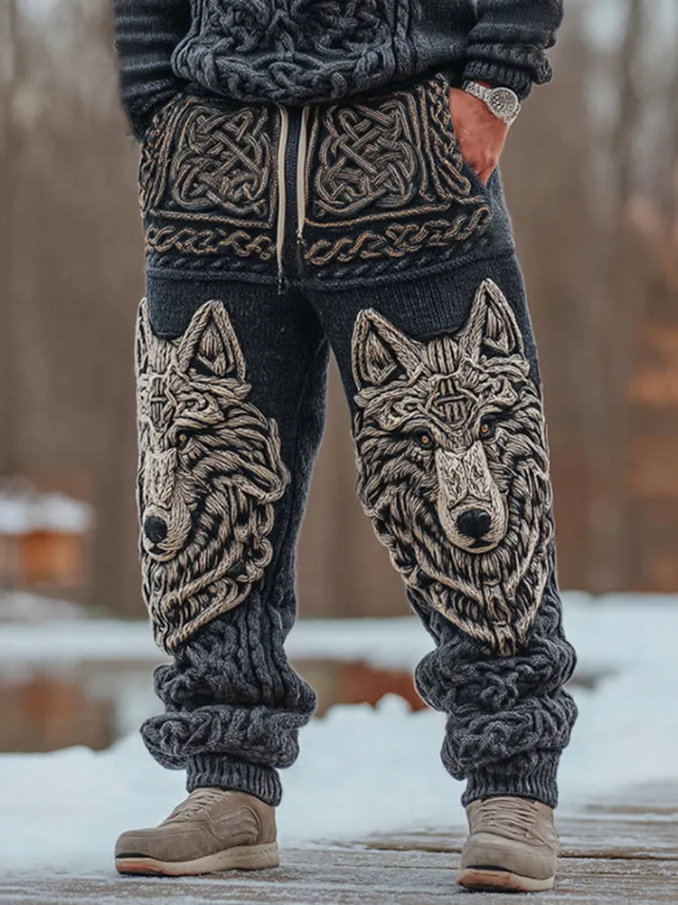 Men's Viking Wolf Celtic Knot Art Wide Leg Warm Knit Pants