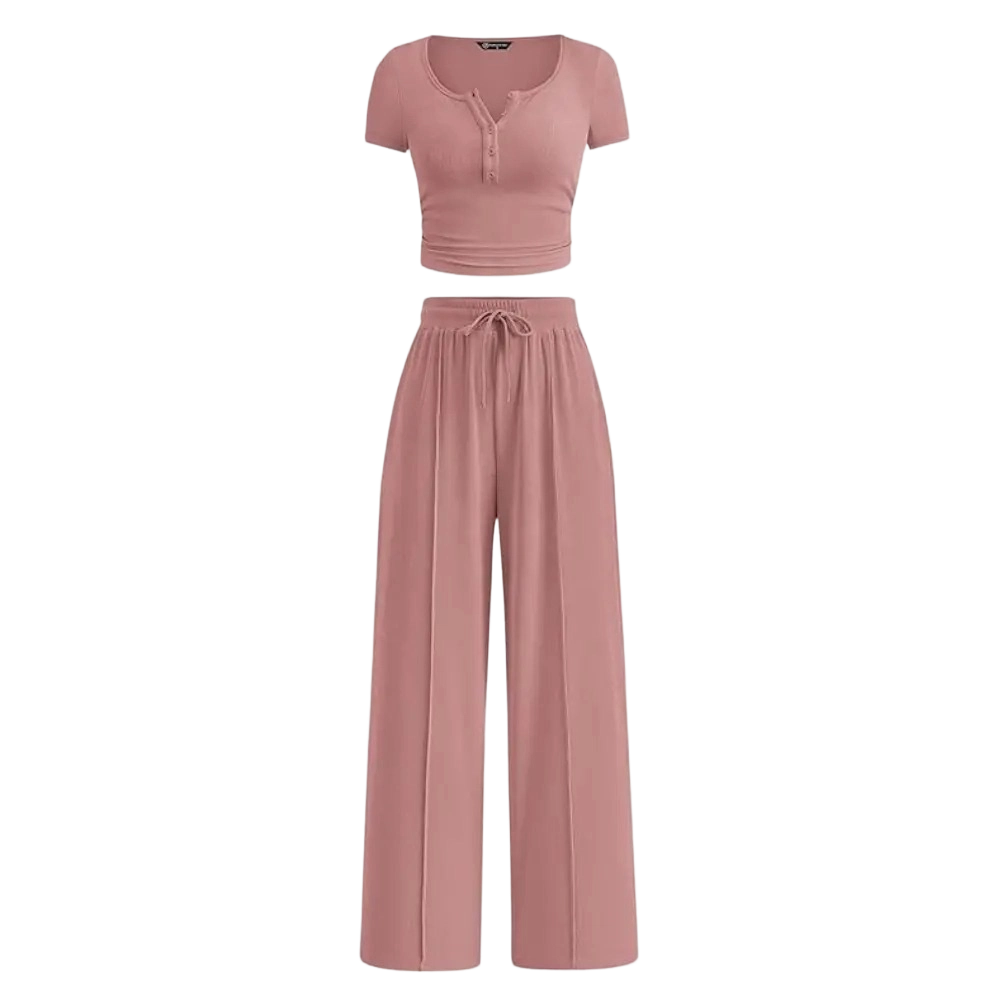 🔥Women’s Ribbed Knit 2-Piece Lounge Set – Button Crop Top & Wide Leg Pants