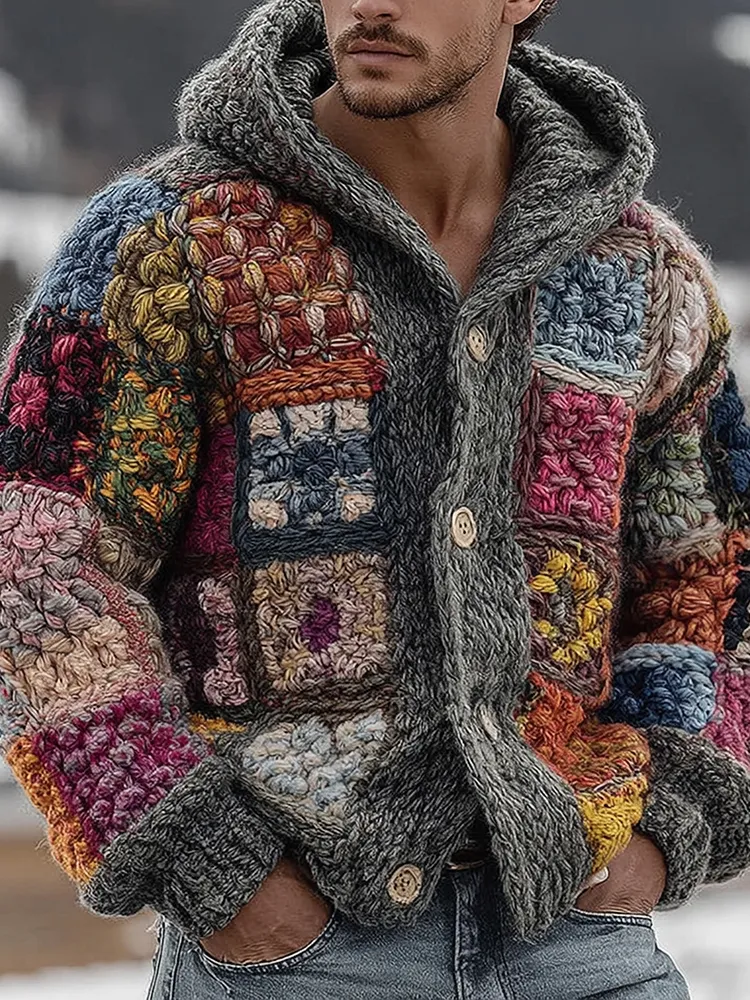 Men's Retro Geometric Knitted Warm Button Hooded Sweater