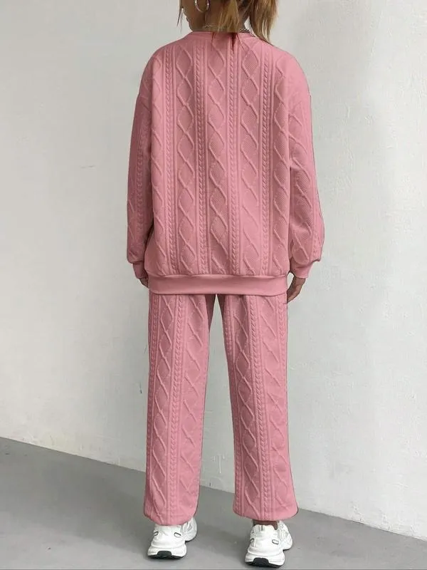 Women's Solid Patched Drop Shoulder Sweatshirt & Elastic Waist Pants Two-piece Set