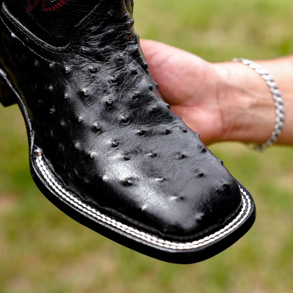 Black Ostrich Leather Boots - Square Toe