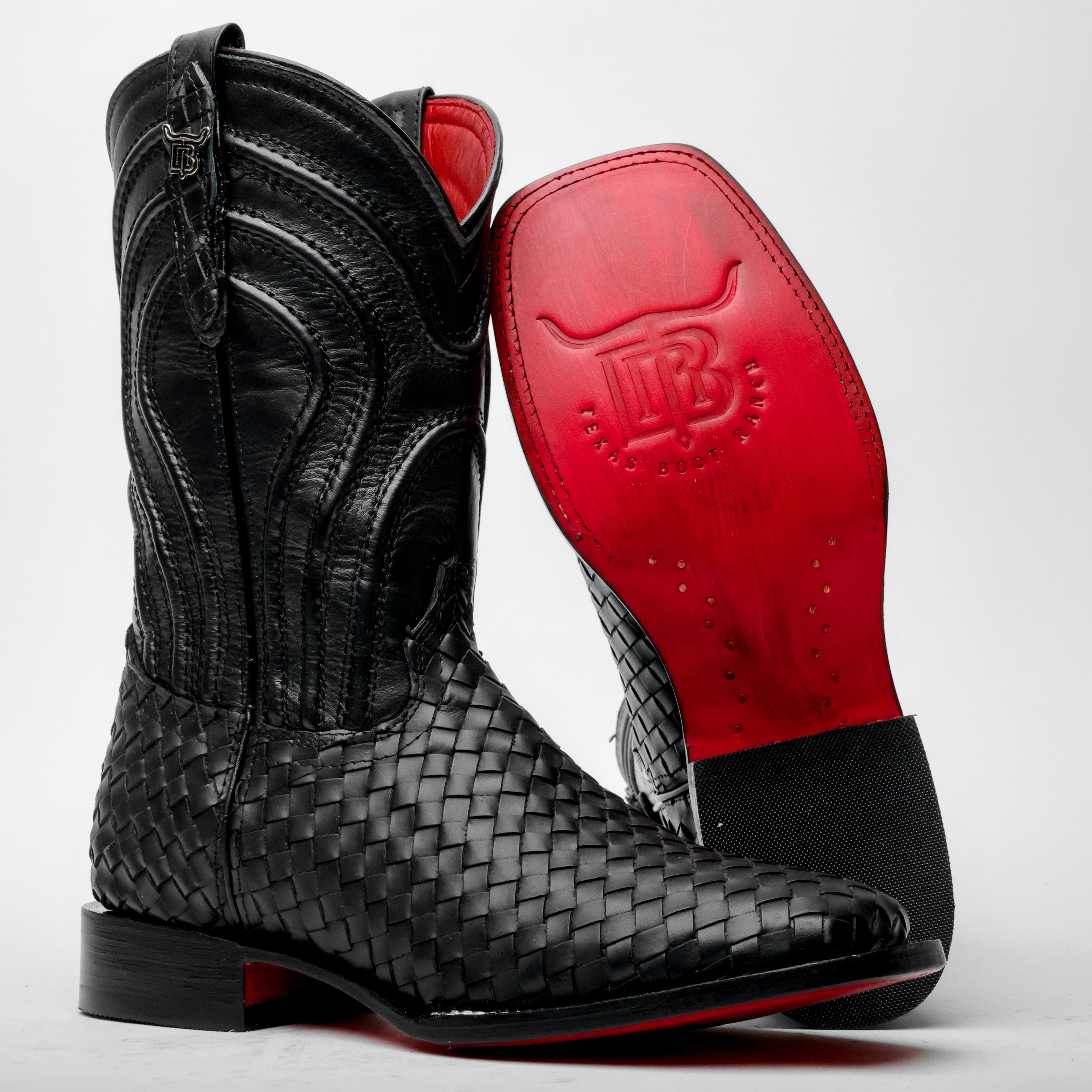 Black Basketweave Leather Boots - Square Toe