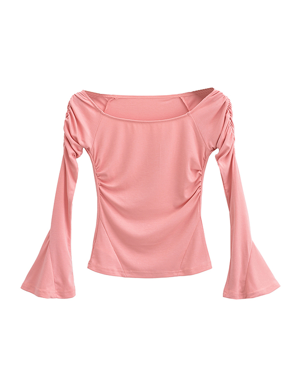 Pleated Solid Color Flared Sleeves Long Sleeves Boat Neck T-Shirts Tops