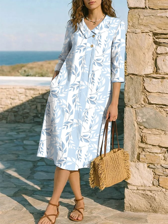 Women's Vintage Botanical Floral Print Casual Pocket Dress- Fast Shipping