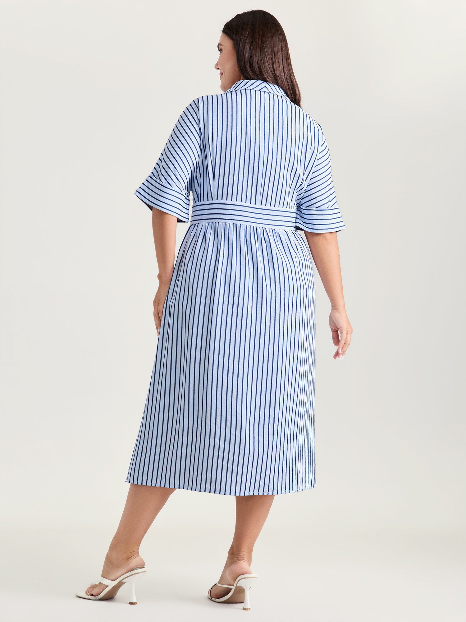 Striped Notched Lapel Collar Midi Dress