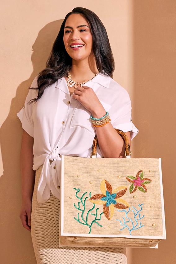 Bamboo Handle Woven Embellished Tote