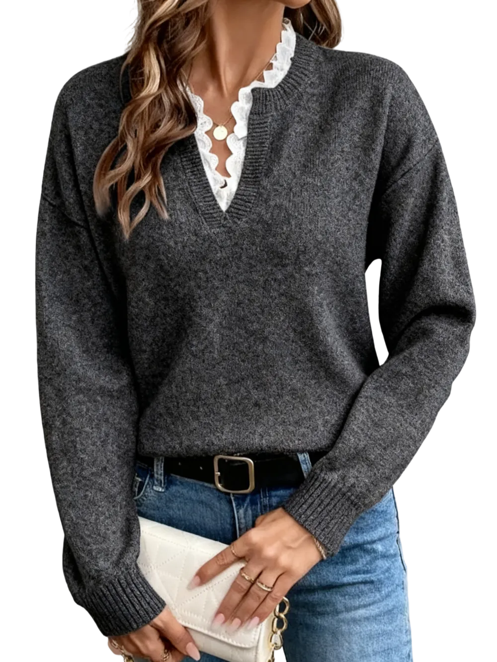 Women's knitted sweater, V-neck pullover