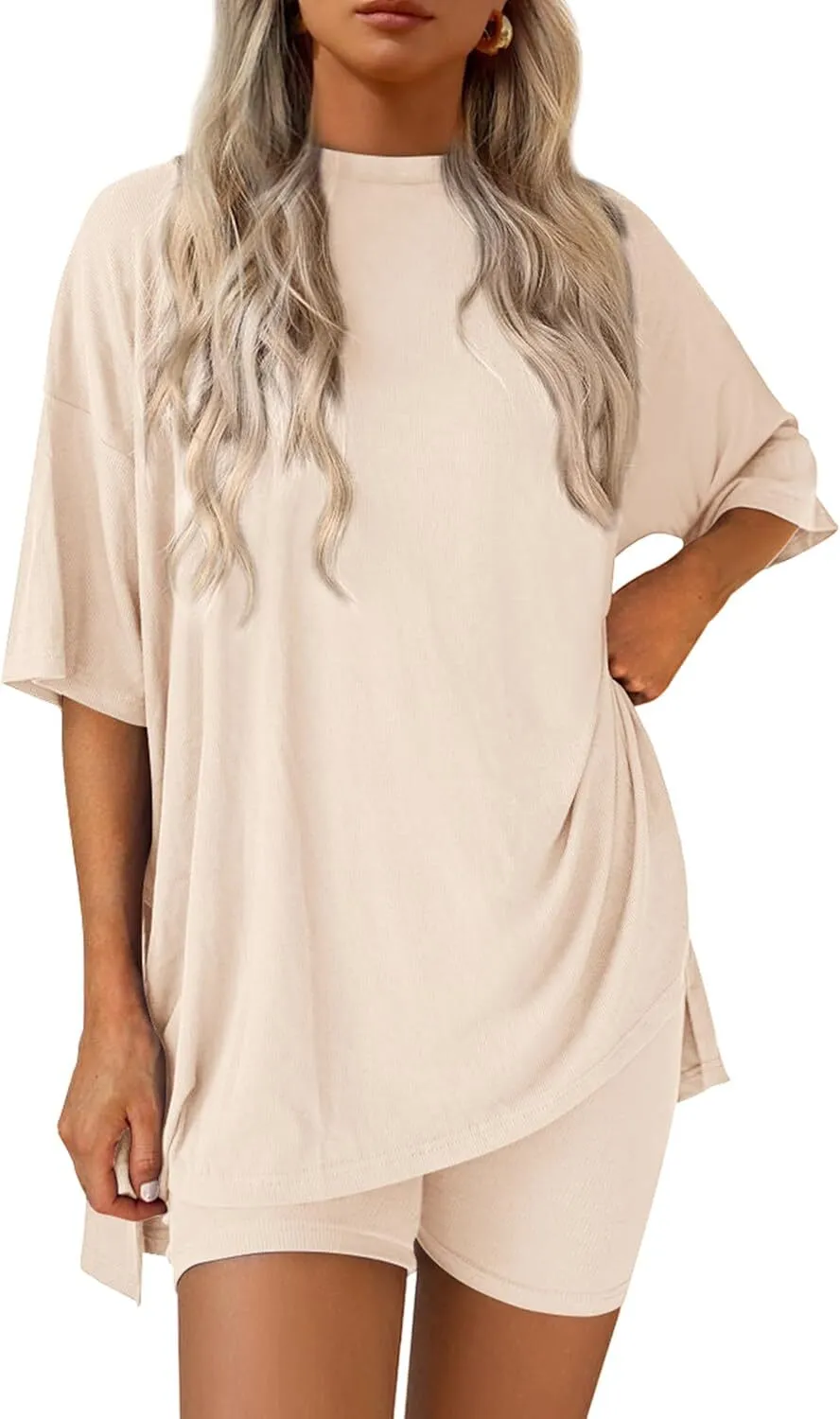 Special Sale❤️Women's Two Piece Lounge Set 2026 Summer Casual Oversized Shirts  Biker Shorts Matching Airport Travel Outfit