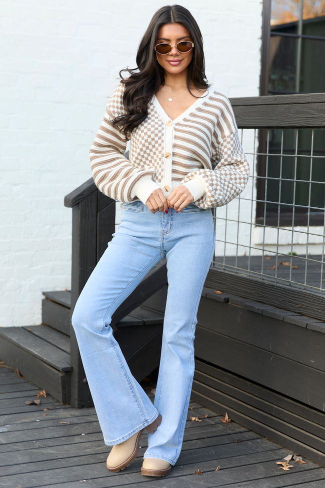 Samara Checkered And Stripes Brown And Cream Cardigan