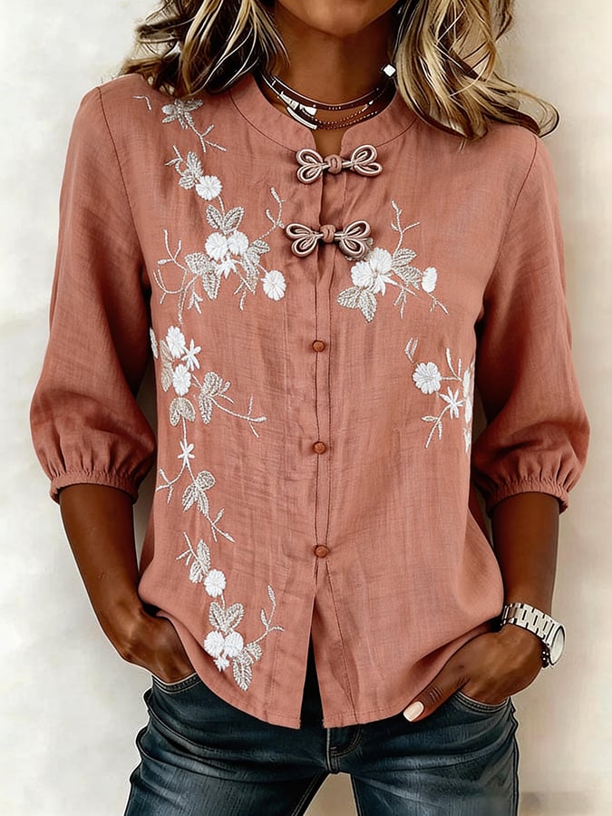Women'S Cotton And Linen Floral Print Stand Collar Button Top- Fast Shipping