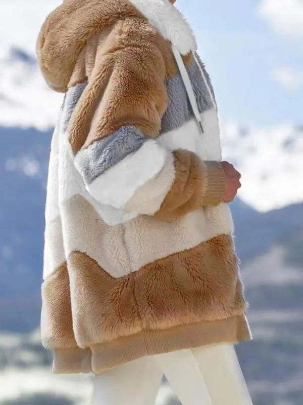 Women's Colorblock Drop Shoulder Hooded Polar Fleece Coat