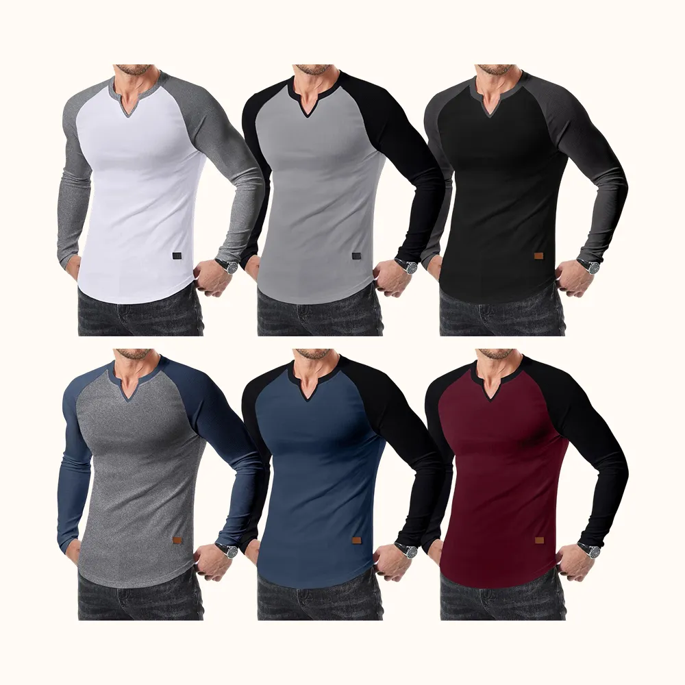Mens Long Sleeve Muscle T Shirts Casual V-Neck Longline Ribbed Tee Shirts