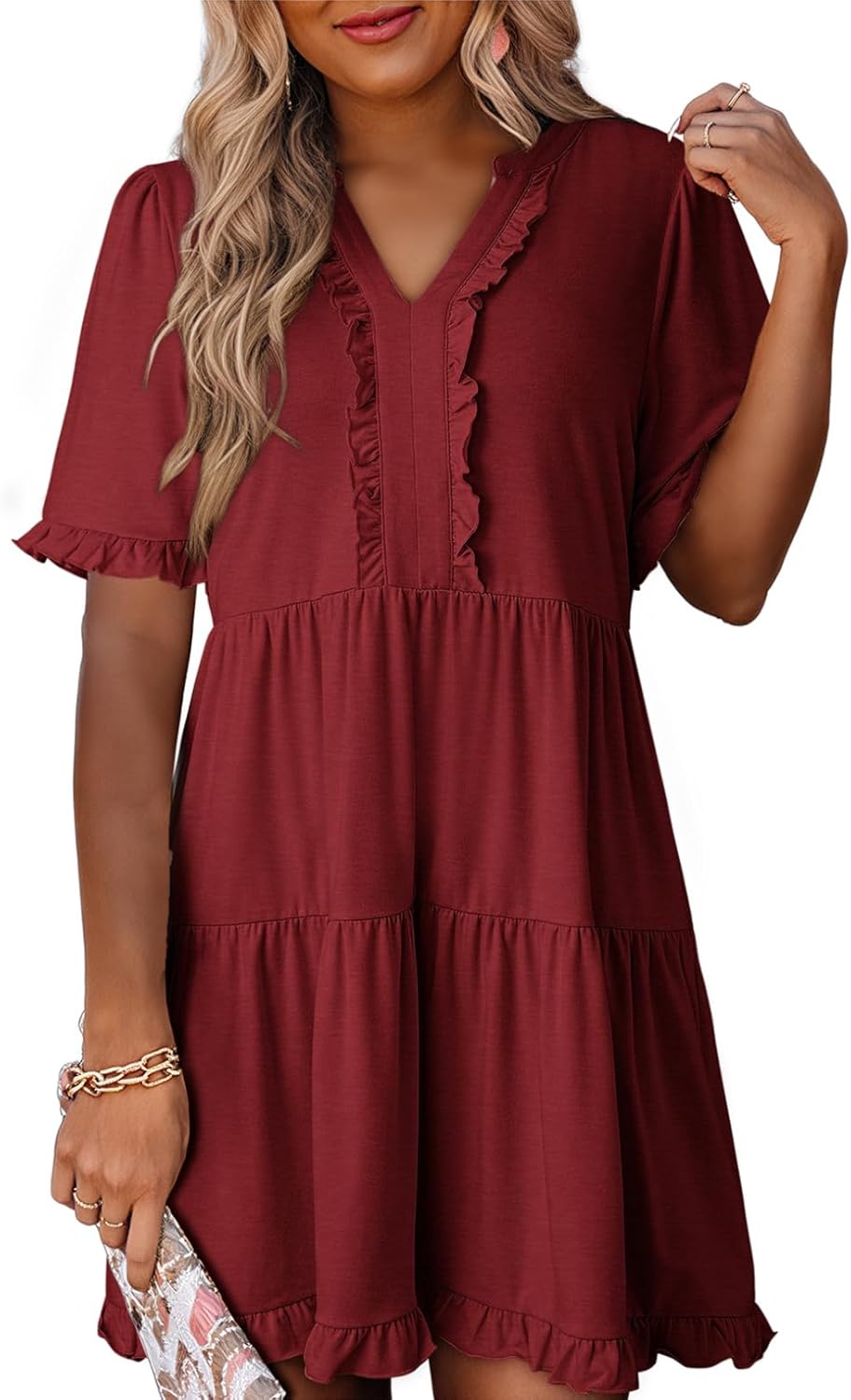 Womens Dresses 2025 Summer Spring V Neck Short Sleeve Casual A Line Flowy Swing Shift Dress Mini Dress