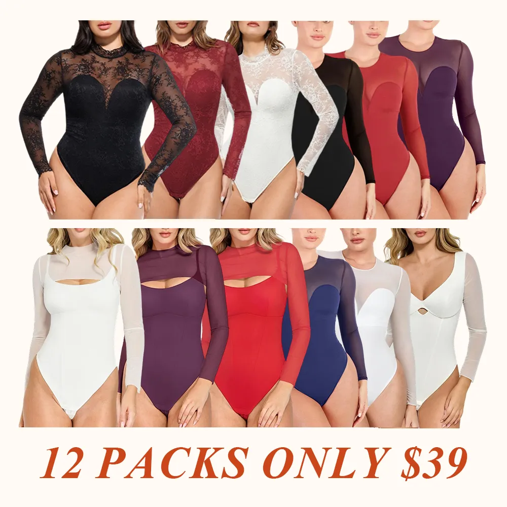 Deep V-Neck Long Sleeve Bodysuit Breathable Fabric Sheer Lace Turtleneck with Built-in Bra