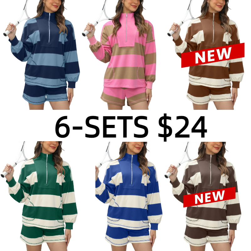 Women's Lounge Set 2 Piece Striped Long Sleeve Quarter Zip & Short Sleeve T Shirt and Shorts for Summer & Autumn Casual Workout Tracksuit