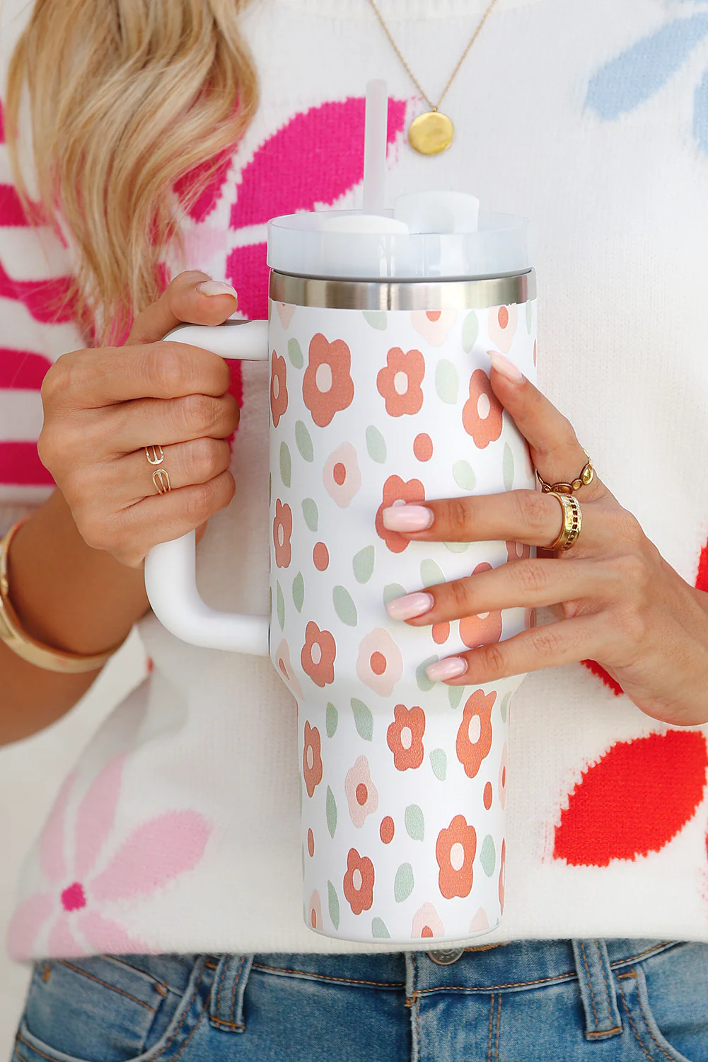 White Floral Leaves Print Stainless Large Portable Cup 40oz