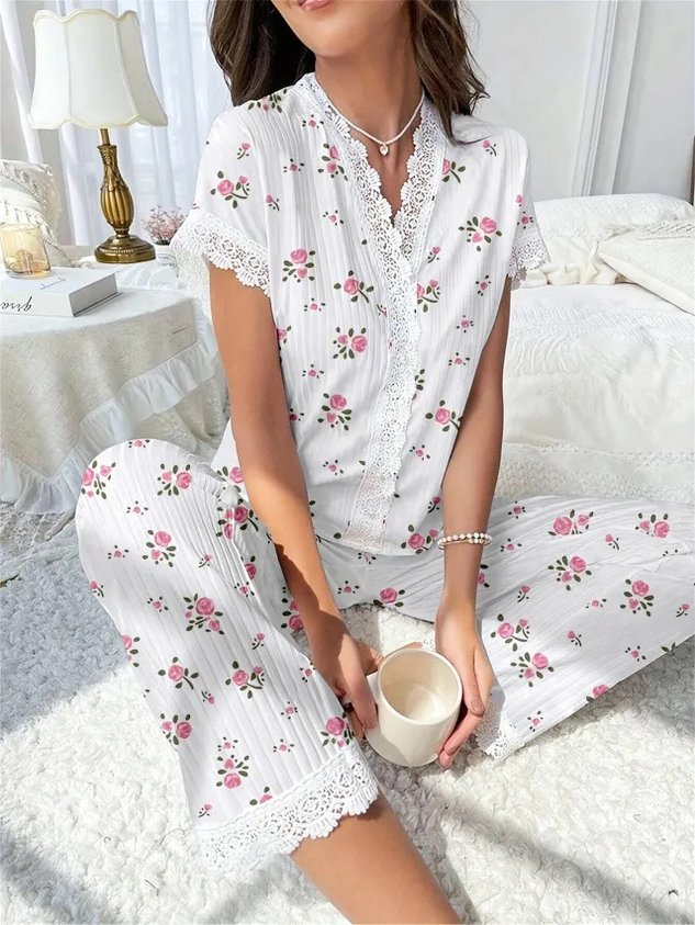 Simple V Neck Floral Loose Lounge Set