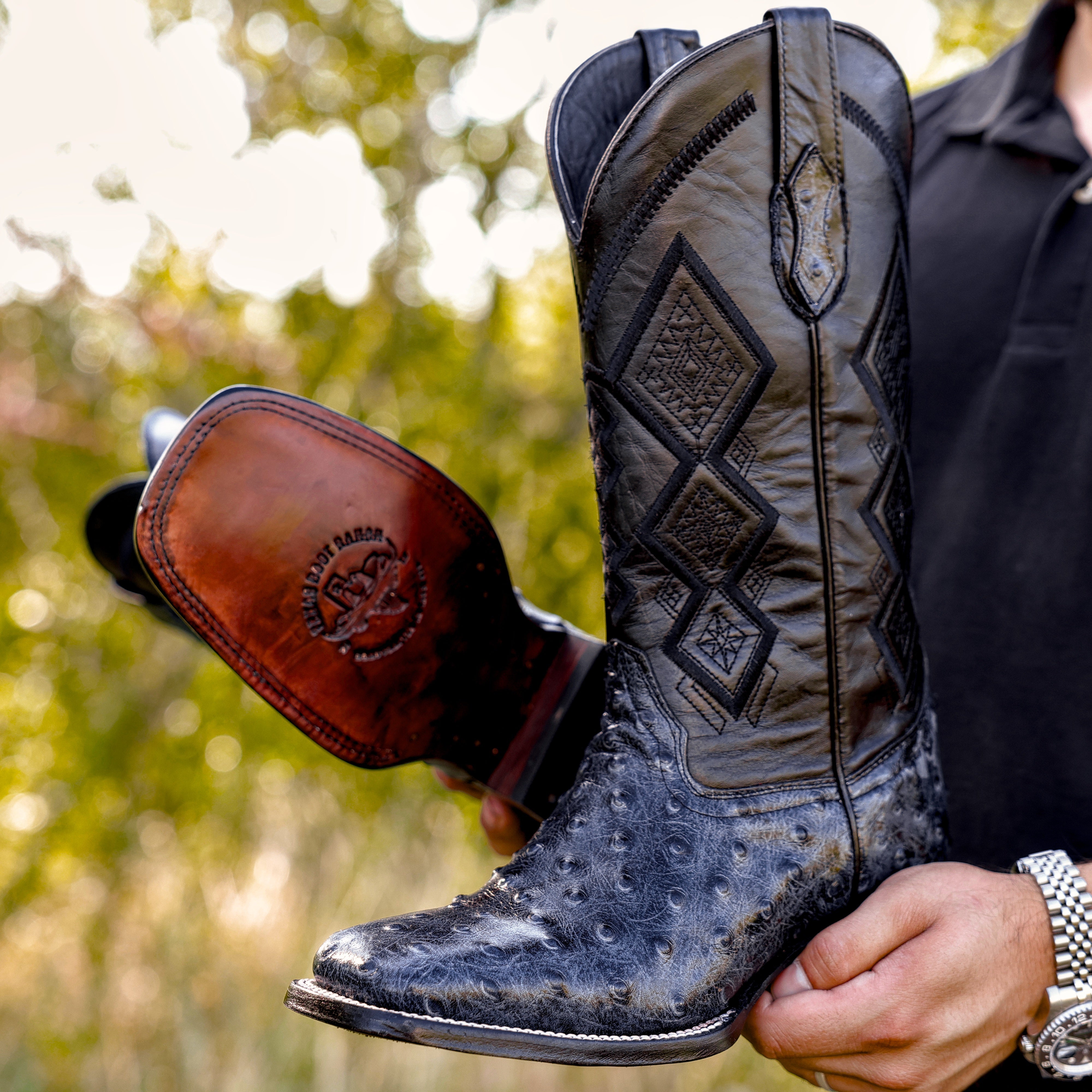 Grey Ostrich Leather Boots - Square Toe