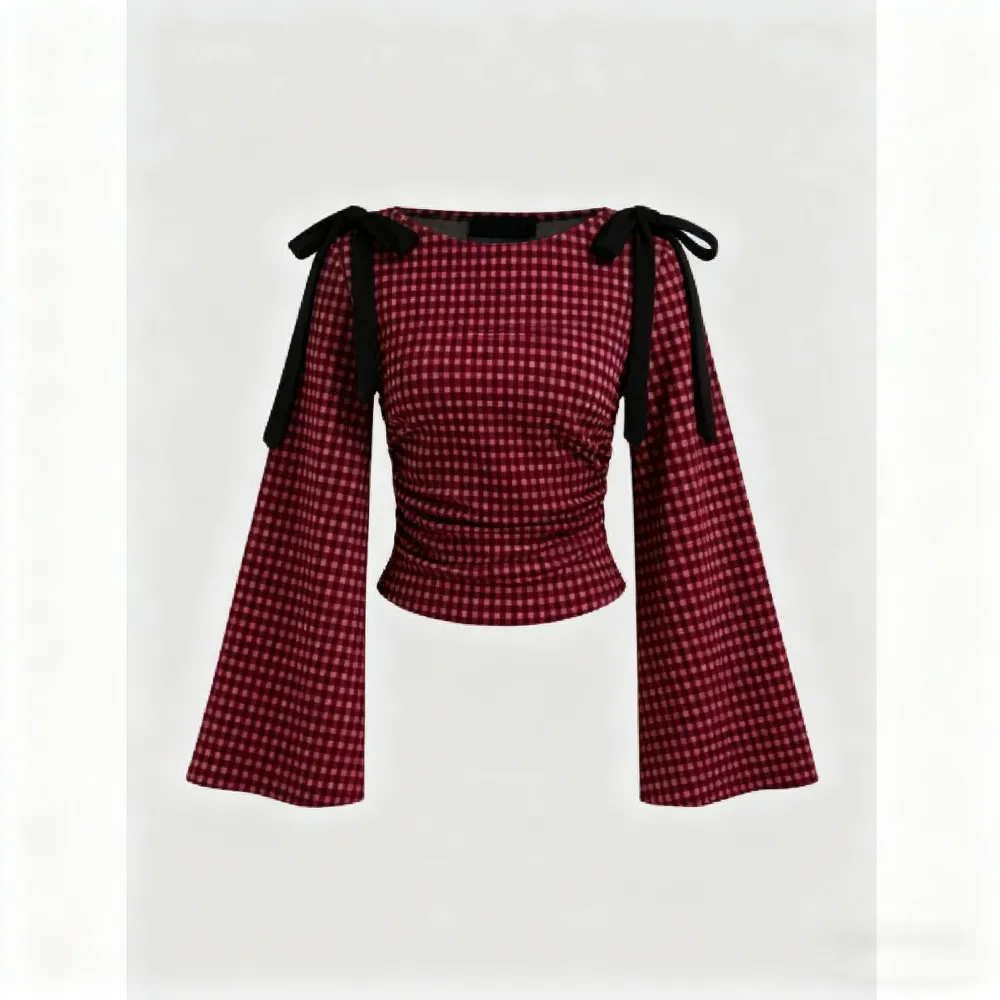 Gingham Bowknot Ruched Long Sleeve Top