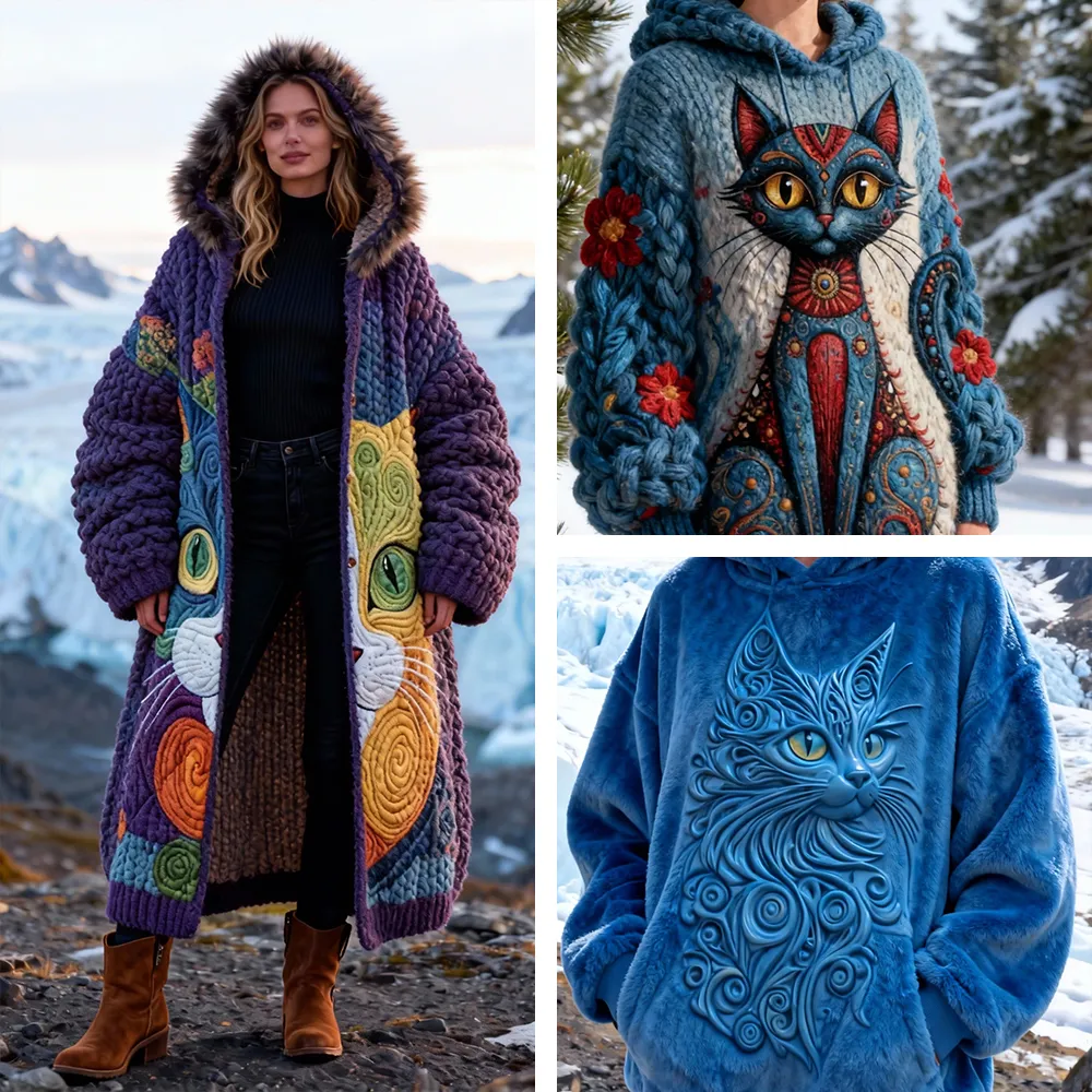 3 PCS $17.97 Women's Artistic Animals Line Knit Hooded Sweater